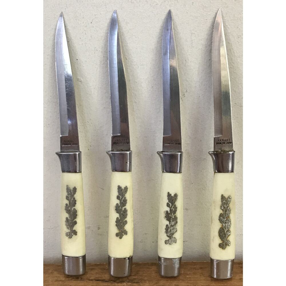 Set Lot 4 Arnart Stainless Japanese Serrated Steak Knives Sterling Silver Inlay